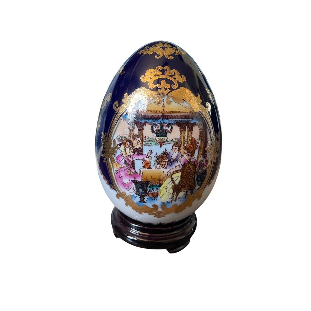L.F. Fine Porcelain Limoges Cobalt Blue Gold Gilt Courting Scene Decorative Egg